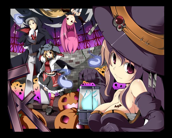 Anime picture 1100x880 with original fujy looking at viewer light erotic blonde hair red eyes brown hair multiple girls pink hair cleavage halloween ghost witch girl dress boy gloves hat wings black gloves