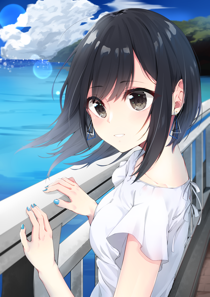 Anime picture 2508x3541 with original hijouguti single tall image blush fringe highres short hair breasts black hair smile looking away sky cloud (clouds) outdoors nail polish parted lips fingernails wind grey eyes