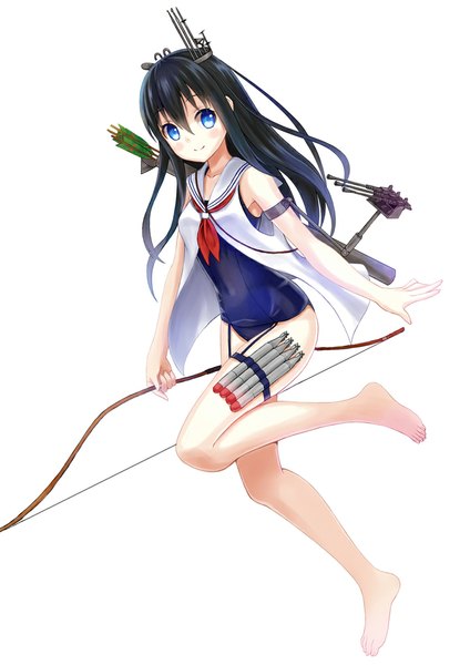 Anime picture 720x1018 with kantai collection i-400 submarine setona (daice) single long hair tall image blush blue eyes light erotic black hair simple background smile white background full body bare legs girl weapon swimsuit one-piece swimsuit sailor suit