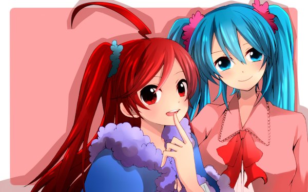 Anime picture 2560x1600 with vocaloid hatsune miku miki (vocaloid) kanna (chaos966) long hair looking at viewer blush highres open mouth simple background smile red eyes wide image twintails multiple girls ahoge aqua eyes aqua hair border finger to mouth