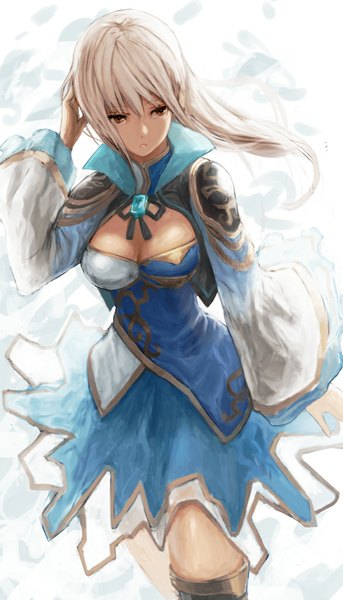 Anime picture 586x1024 with shin sangoku musou wang yuanji matsumoto mitsuaki single long hair tall image fringe breasts blonde hair large breasts brown eyes looking away cleavage from above wide sleeves hand on head girl dress brooch