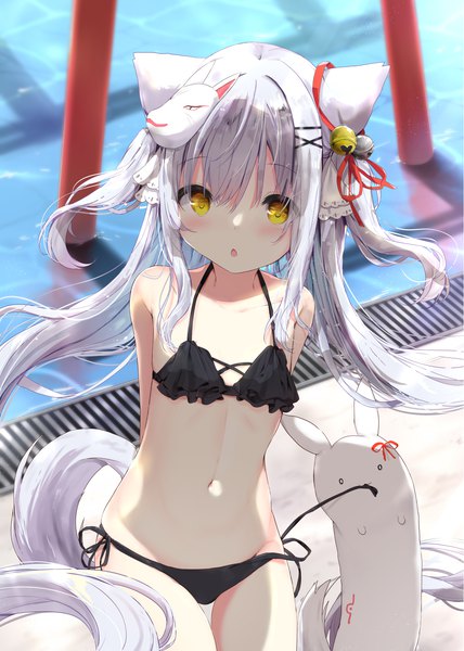 Anime picture 1191x1670 with original shiyou (kouda suzu) kouda suzu single tall image looking at viewer blush fringe open mouth light erotic hair between eyes standing twintails animal ears yellow eyes payot outdoors tail very long hair head tilt