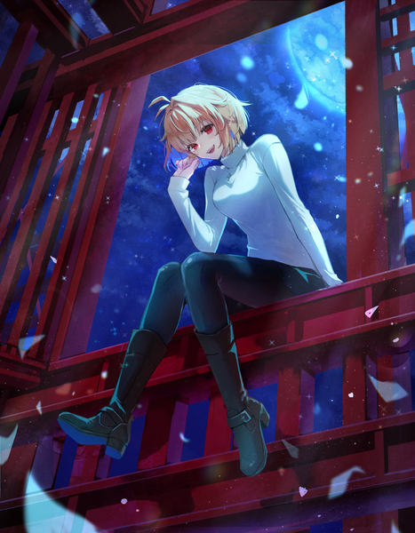 Anime picture 2186x2809 with shingetsutan tsukihime type-moon arcueid brunestud misty cj single tall image looking at viewer highres short hair open mouth blonde hair red eyes sitting full body ahoge outdoors :d multicolored hair from below colored inner hair