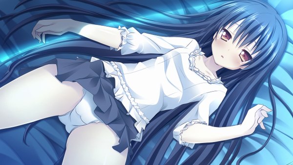 Anime picture 1280x720 with clover day's takakura anri nimura yuuji single long hair looking at viewer blush open mouth light erotic red eyes wide image blue hair game cg :o on back embarrassed skirt lift girl skirt underwear