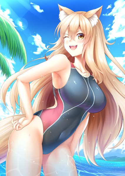 Anime picture 1791x2529 with fate (series) fate/grand order fate/extra ccc fox tail suzuka gozen (fate) zuizhong single long hair tall image looking at viewer blush fringe highres breasts open mouth light erotic blonde hair smile hair between eyes standing animal ears