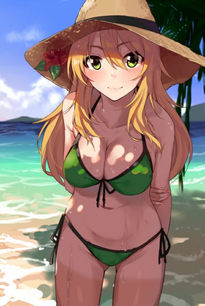 Anime picture 600x894 with idolmaster hoshii miki kurokin single long hair tall image looking at viewer blush breasts light erotic blonde hair smile large breasts bare shoulders green eyes sky cloud (clouds) bare belly shadow leaning