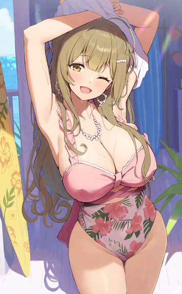 Anime picture 1833x2967 with idolmaster idolmaster shiny colors kuwayama chiyuki wanimaru single long hair tall image looking at viewer blush fringe highres breasts open mouth light erotic smile brown hair large breasts standing yellow eyes outdoors