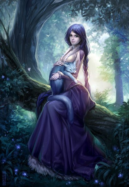 Anime picture 800x1155 with original anna linberger (artist) single tall image looking at viewer sitting purple eyes holding blue hair cleavage braid (braids) very long hair hug twin braids single braid girl dress flower (flowers) plant (plants) animal