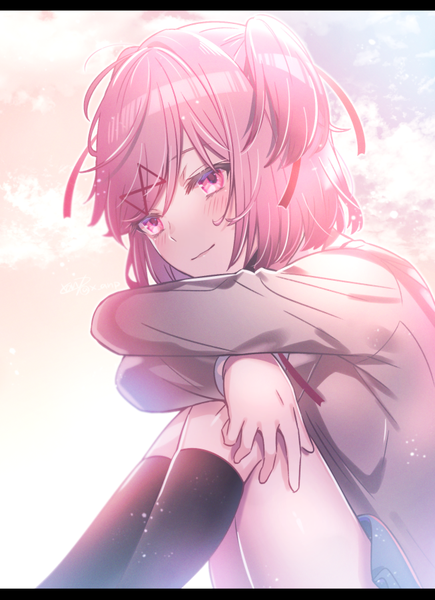 Anime picture 653x900 with doki doki literature club natsuki (doki doki literature club) aicedrop single tall image looking at viewer blush short hair smile sitting pink hair bent knee (knees) long sleeves pink eyes blurry one side up girl uniform hair ornament ribbon (ribbons)