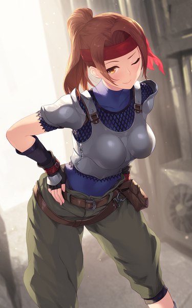 Anime picture 750x1200 with final fantasy final fantasy vii final fantasy vii remake square enix jessie rasberry cait single long hair tall image looking at viewer blush fringe breasts smile brown hair standing yellow eyes payot ponytail head tilt