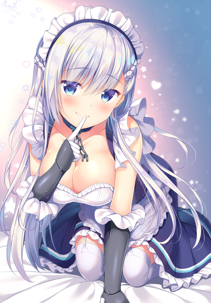 Anime picture 1429x2045 with azur lane belfast (azur lane) tomoo (tomo) single long hair tall image looking at viewer blush fringe breasts blue eyes light erotic smile hair between eyes large breasts cleavage silver hair arm support maid finger to mouth