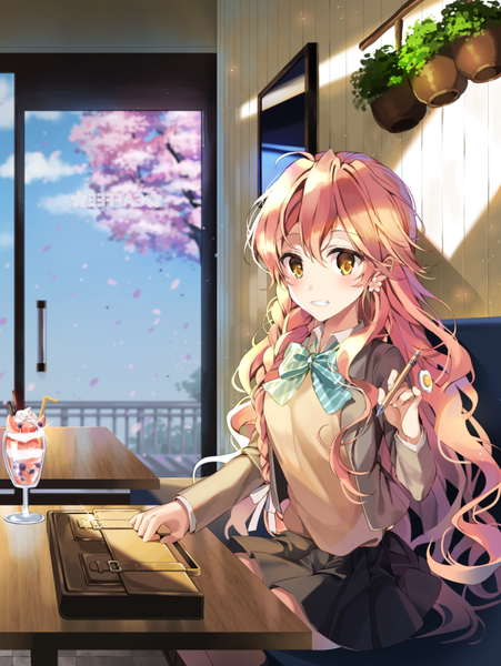 Anime picture 700x930 with original pinb single tall image looking at viewer blush fringe breasts smile hair between eyes sitting holding yellow eyes pink hair sky cloud (clouds) ahoge indoors braid (braids) very long hair