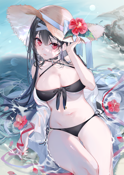 Anime-Bild 819x1157 mit original miwano rag single long hair tall image looking at viewer fringe breasts light erotic black hair hair between eyes red eyes large breasts sitting outdoors nail polish from above mole thigh gap partially submerged