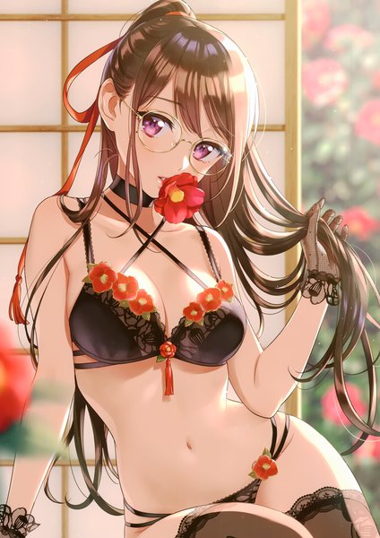 Anime picture 2425x3429 with original morikura en single long hair tall image looking at viewer blush fringe highres breasts light erotic brown hair large breasts sitting purple eyes holding ponytail parted lips head tilt blurry