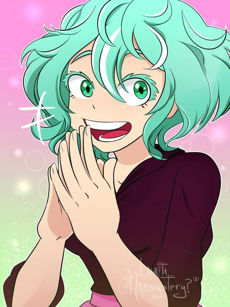 Anime picture 768x1024 with boku no hero academia studio bones hagakure tooru lauritanaomystery single tall image looking at viewer fringe short hair open mouth simple background smile hair between eyes green eyes signed upper body :d green hair teeth twitter username