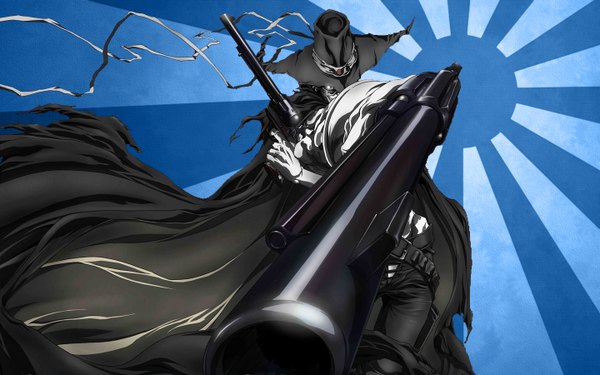 Anime picture 1440x900 with afro samurai justice (afro samurai) wide image torn clothes blue background weapon hat gun cloak