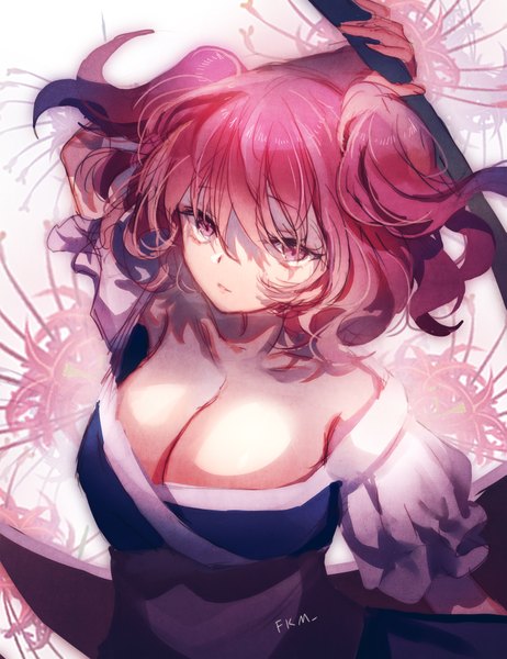 Anime picture 1539x2000 with touhou onozuka komachi yasato single tall image looking at viewer fringe short hair breasts light erotic hair between eyes large breasts pink hair cleavage pink eyes from above two side up girl flower (flowers) higanbana
