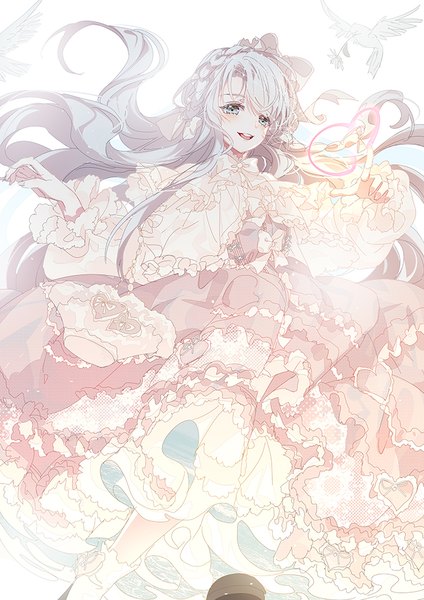 Anime picture 707x1000 with original miemia single tall image looking at viewer blush fringe open mouth blue eyes smile silver hair very long hair frilled dress girl dress flower (flowers) bow hair bow animal socks