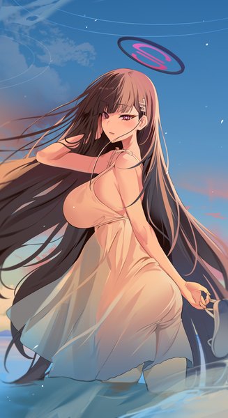 Anime picture 3491x6411 with blue archive rio (blue archive) yuki (asayuki101) single tall image looking at viewer fringe highres breasts light erotic black hair red eyes large breasts standing holding absurdres sky outdoors ass blunt bangs