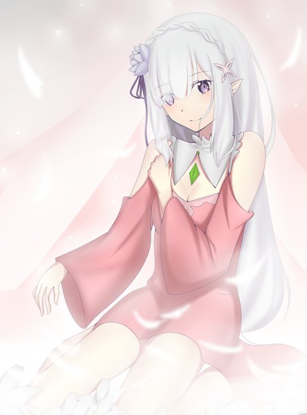 Anime picture 1000x1350 with re:zero kara hajimeru isekai seikatsu white fox emilia (re:zero) sitnon single long hair tall image looking at viewer blush fringe simple background purple eyes bare shoulders payot white hair braid (braids) hair flower light smile pointy ears hair over one eye