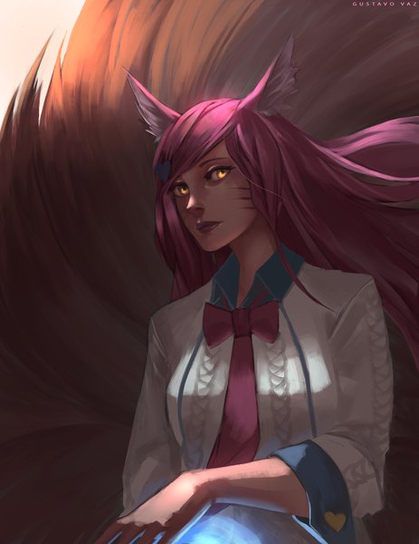 Anime picture 1777x2300 with league of legends ahri (league of legends) gustavo vaz single long hair tall image looking at viewer highres signed animal ears yellow eyes pink hair upper body wind lipstick fox ears facial mark pink lipstick whisker markings girl