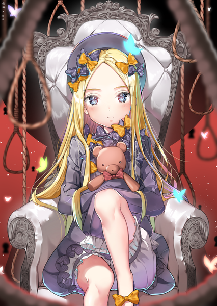 Anime picture 730x1029 with fate (series) fate/grand order abigail williams (fate) h shai single long hair tall image looking at viewer blush blue eyes blonde hair sitting bent knee (knees) long sleeves head tilt girl dress bow hair bow hat
