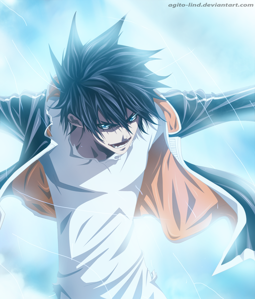 Anime picture 1000x1173 with air gear toei animation minami itsuki aagito single tall image short hair open mouth blue eyes black hair smile sky sunlight torn clothes coloring light spread arms boy