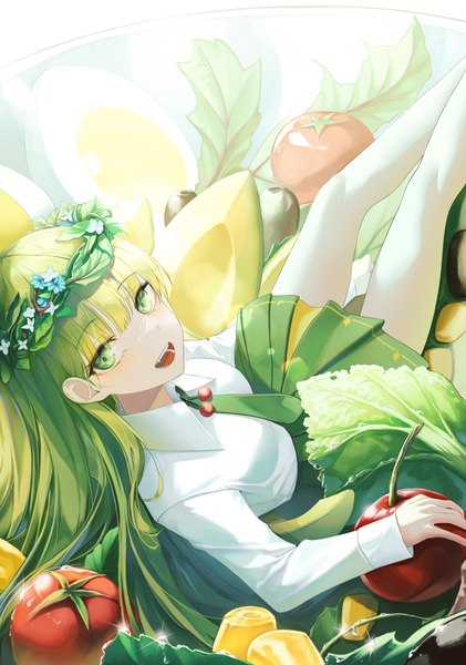 Anime picture 4708x6706 with original h2o (dfo) single long hair tall image looking at viewer blush fringe highres open mouth smile sitting green eyes absurdres long sleeves :d pleated skirt green hair from above sparkle