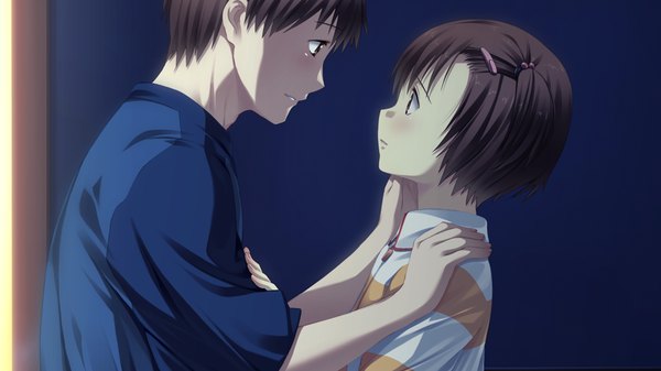 Anime picture 1024x576 with suigetsu 2 blush short hair brown hair wide image brown eyes game cg couple girl boy