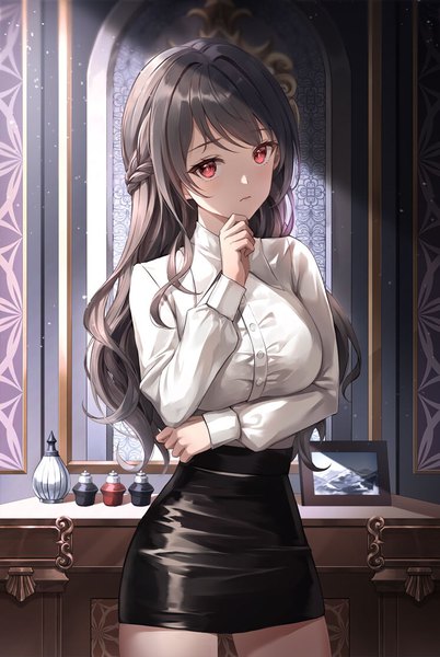Anime picture 747x1114 with original lunacle single long hair tall image looking at viewer fringe breasts black hair red eyes large breasts standing payot indoors braid (braids) long sleeves head tilt wavy hair half updo breast hold