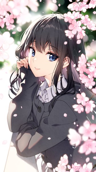Anime picture 1080x1920 with original nardack single long hair tall image looking at viewer fringe blue eyes black hair smile upper body outdoors blunt bangs long sleeves cherry blossoms sleeves past wrists head rest girl flower (flowers) petals