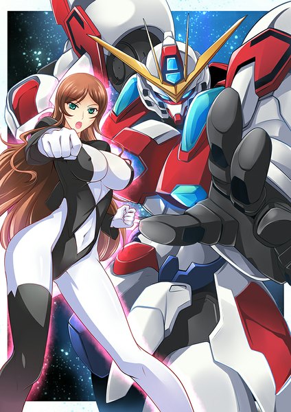 Anime picture 700x990 with mobile suit gundam gundam build fighters sunrise (studio) kamiki mirai haganef long hair tall image looking at viewer breasts open mouth light erotic brown hair large breasts green eyes erect nipples covered nipples fighting stance girl bodysuit robot