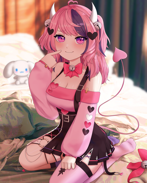 Anime picture 3200x4000 with virtual youtuber vshojo ironmouse daemo single long hair tall image looking at viewer blush fringe highres breasts smile sitting purple eyes pink hair absurdres purple hair full body ahoge