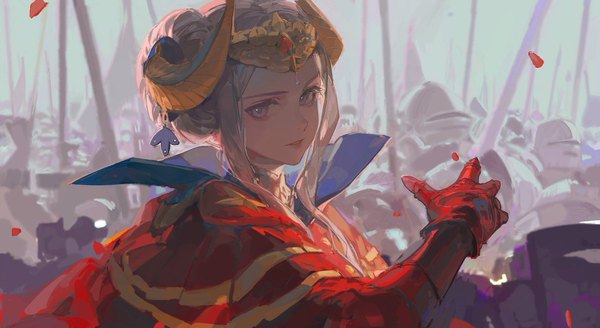 Anime picture 1199x656 with fire emblem fire emblem: three houses nintendo edelgard von hresvelg ciloranko looking at viewer short hair wide image purple eyes silver hair upper body horn (horns) solo focus army girl gloves red gloves