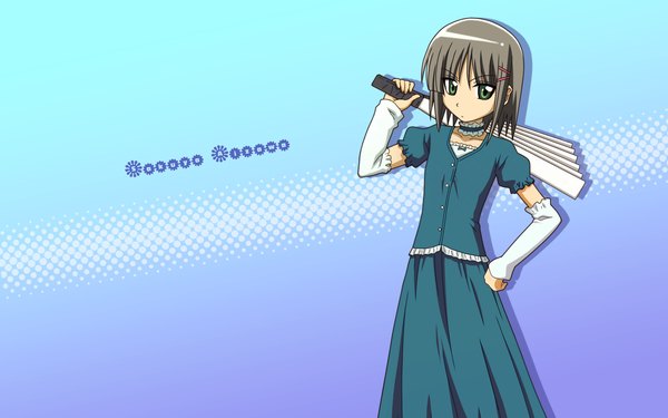 Anime picture 1680x1050 with hayate no gotoku! aizawa sakuya single fringe short hair simple background wide image standing holding green eyes character names hand on hip blue background girl hairclip fan closed fan
