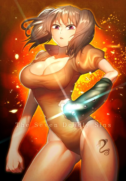 Anime picture 754x1078 with nanatsu no taizai a-1 pictures diane (nanatsu no taizai) wadani hitonori single tall image fringe short hair breasts light erotic simple background brown hair large breasts standing twintails looking away cleavage pink eyes tattoo copyright name