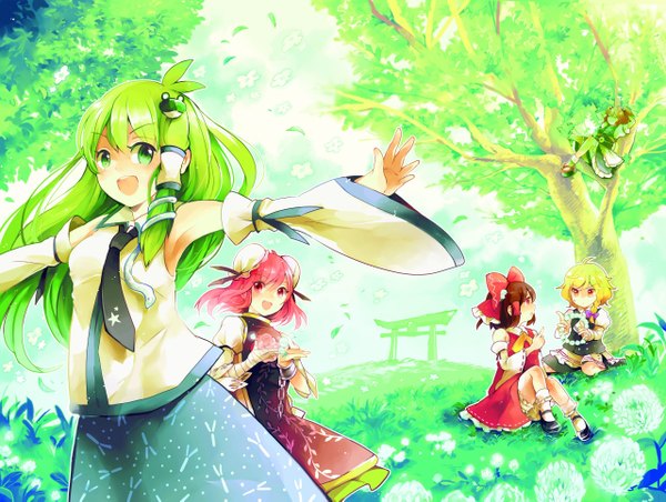 Anime picture 2560x1929 with touhou wild and horned hermit hakurei reimu kirisame marisa kochiya sanae onozuka komachi ibaraki kasen azuma aya long hair looking at viewer highres short hair open mouth blonde hair red eyes brown hair sitting twintails multiple girls green eyes