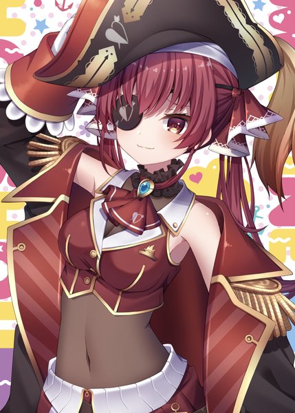 Anime picture 1886x2639 with virtual youtuber hololive houshou marine houshou marine (1st costume) sapphire (sapphire25252) single long hair tall image highres smile red eyes twintails red hair midriff covered navel adjusting hat girl hat eyepatch epaulettes