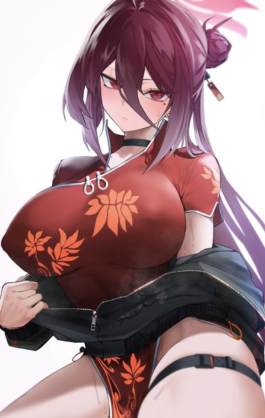 Anime picture 1595x2514 with blue archive reijo (blue archive) kazane-wind single long hair tall image looking at viewer fringe breasts light erotic simple background hair between eyes red eyes large breasts white background payot red hair traditional clothes off shoulder mole