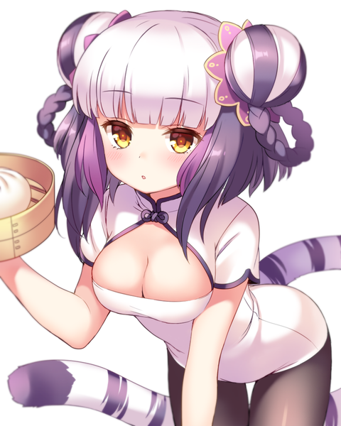 Anime picture 720x900 with puzzle & dragons haku (p&d) shouni (sato3) single tall image fringe short hair breasts open mouth light erotic simple background large breasts white background holding brown eyes yellow eyes payot pink hair purple hair tail