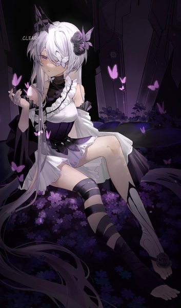 Anime picture 600x1021 with aether gazer hella (aether gazer) clear regulus single tall image looking at viewer fringe sitting purple eyes signed full body white hair very long hair hair flower hair over one eye wide sleeves turning head girl dress hair ornament