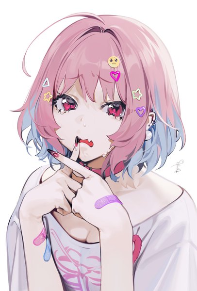 Anime picture 1386x2048 with idolmaster idolmaster cinderella girls yumemi riamu ohisashiburi single tall image looking at viewer fringe short hair simple background white background pink hair upper body ahoge nail polish pink eyes multicolored hair two-tone hair fang (fangs) tears
