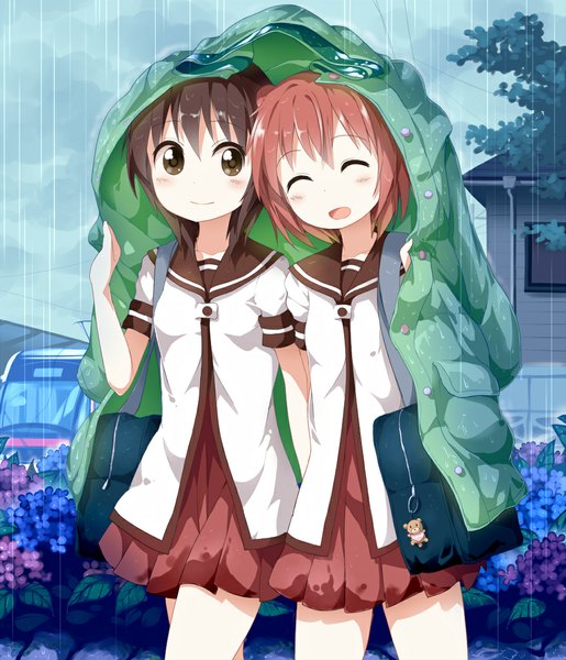 Anime picture 1000x1166 with yuru yuri doga kobo akaza akari funami yui ruu (tksymkw) tall image blush short hair black hair multiple girls brown eyes red hair eyes closed rain girl uniform flower (flowers) 2 girls school uniform jacket