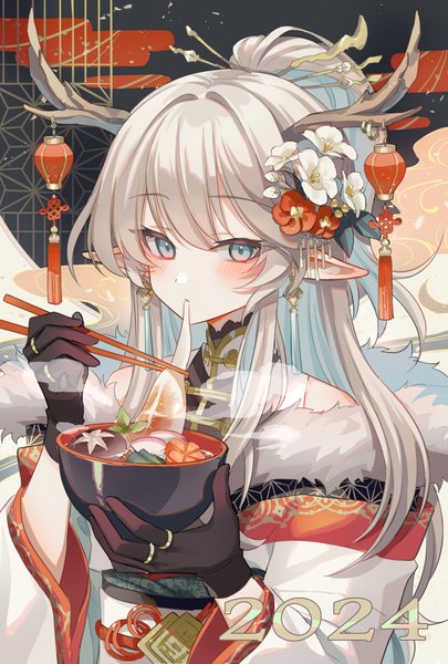Anime picture 1689x2500 with original zoff (daria) single long hair tall image looking at viewer blush fringe hair between eyes silver hair ponytail traditional clothes japanese clothes horn (horns) aqua eyes pointy ears eating new year dragon girl 2024