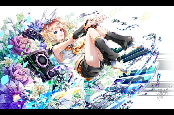 Anime picture 1000x662 with vocaloid kagamine rin tyouya single short hair open mouth blue eyes blonde hair signed full body :d official art dated letterboxed sailor collar girl flower (flowers) bow hair bow detached sleeves