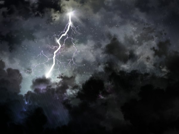Anime picture 1024x768 with original iy (tsujiki) sky cloud (clouds) night night sky rain lightning star (stars)