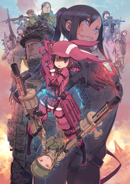 Anime-Bild 2880x4066 mit sword art online sword art online alternative: gun gale online a-1 pictures tagme (character) llenn (sao) pitohui (sao) fukaziroh (sao) asougi goushi kuroboshi kouhaku long hair tall image looking at viewer fringe highres short hair breasts open mouth blue eyes black hair blonde hair