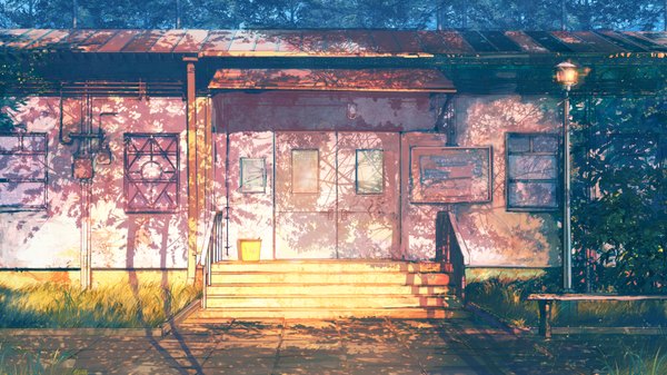 Anime picture 1920x1080 with everlasting summer iichan eroge arsenixc vvcephei highres wide image game cg sunlight shadow wallpaper no people scenic morning collaboration camp window building (buildings) stairs bench door