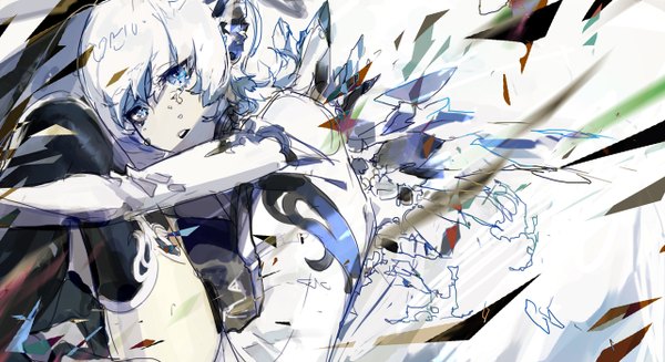 Anime picture 1282x700 with original hujimogeo single looking at viewer short hair blue eyes wide image sitting white hair tears crying sketch girl wings thigh boots
