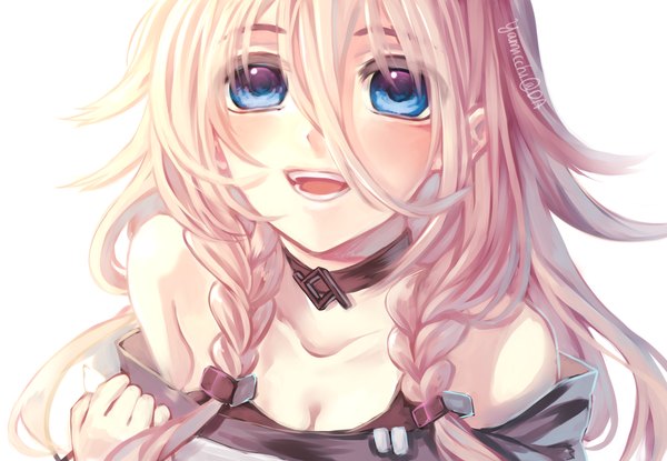 Anime picture 1024x709 with vocaloid ia (vocaloid) yamicchi single long hair blush open mouth blue eyes simple background blonde hair smile white background bare shoulders signed braid (braids) face girl choker